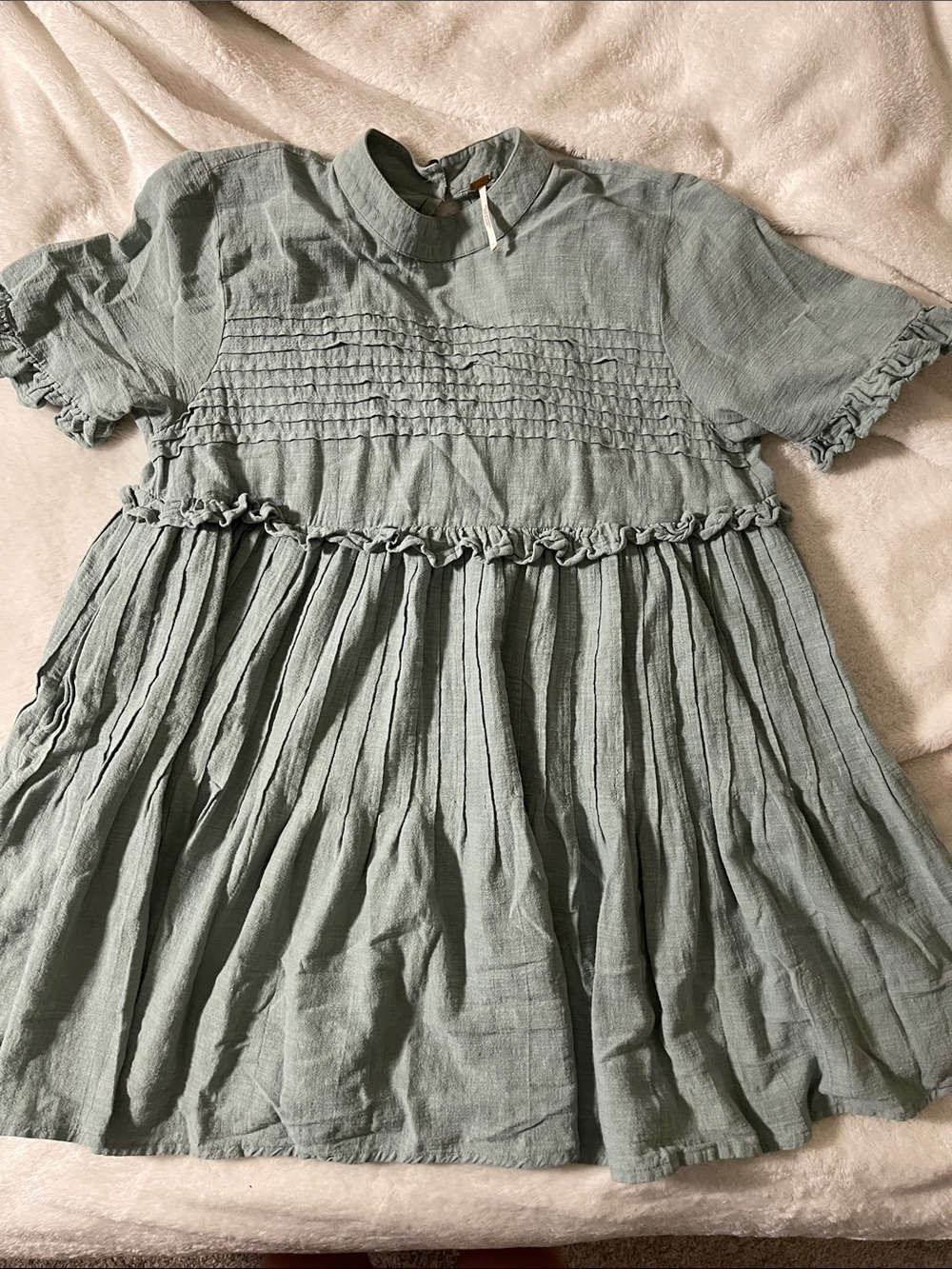 Free People Sage Green Smocked Ruffle Gauze Mini Dress